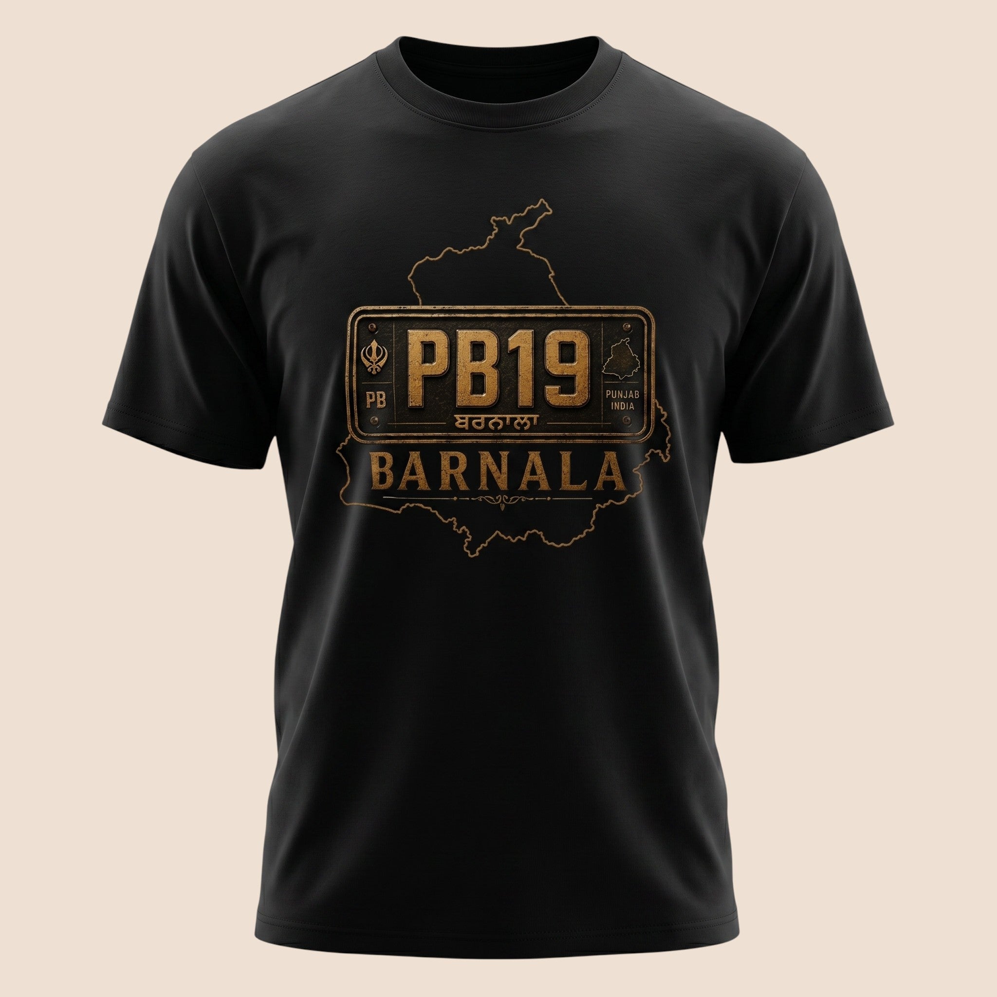 PUNJAB BOLDA black unisex classic tee featuring a vintage PB19 Barnala district license plate graphic design.