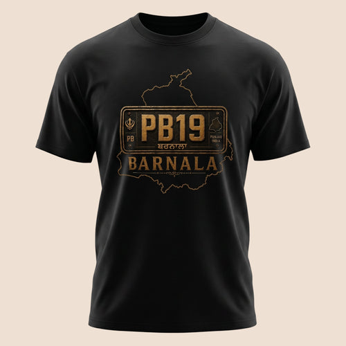 PUNJAB BOLDA black unisex classic tee featuring a vintage PB19 Barnala district license plate graphic design.