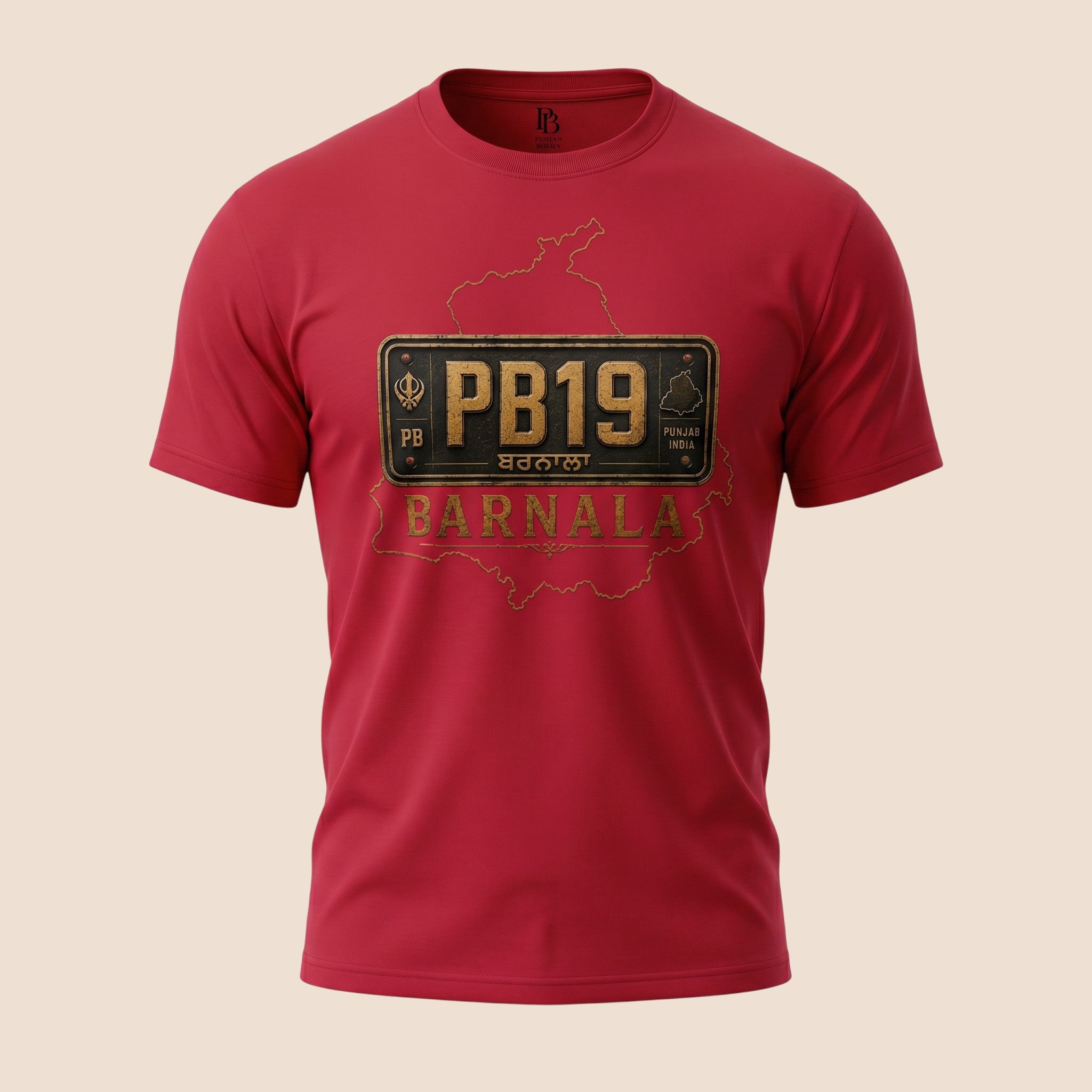 PUNJAB BOLDA red unisex classic tee featuring a Barnala PB19 district license plate graphic and Punjab map outline.