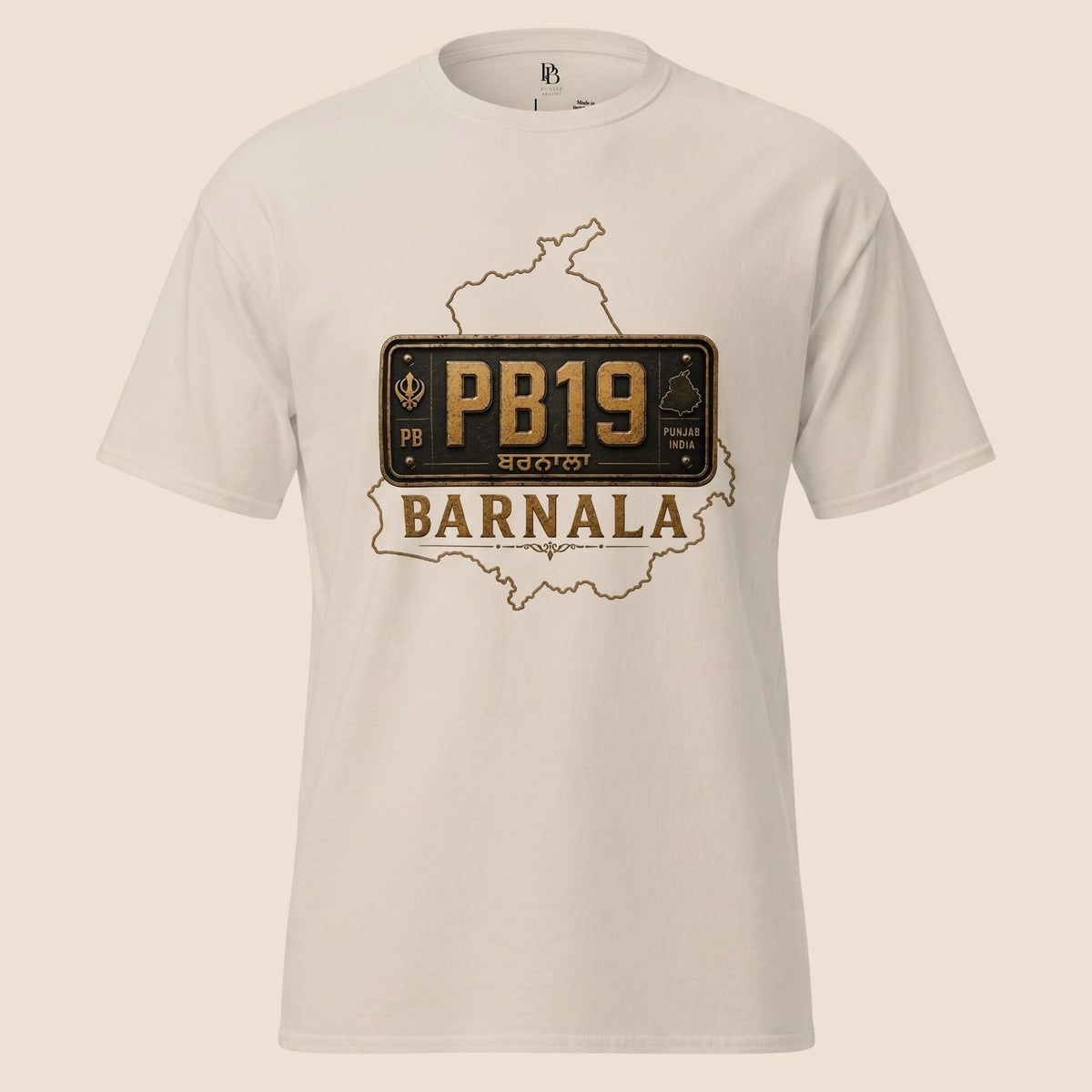 PUNJAB BOLDA cream unisex classic tee featuring a Barnala district license plate graphic and Punjab map outline.
