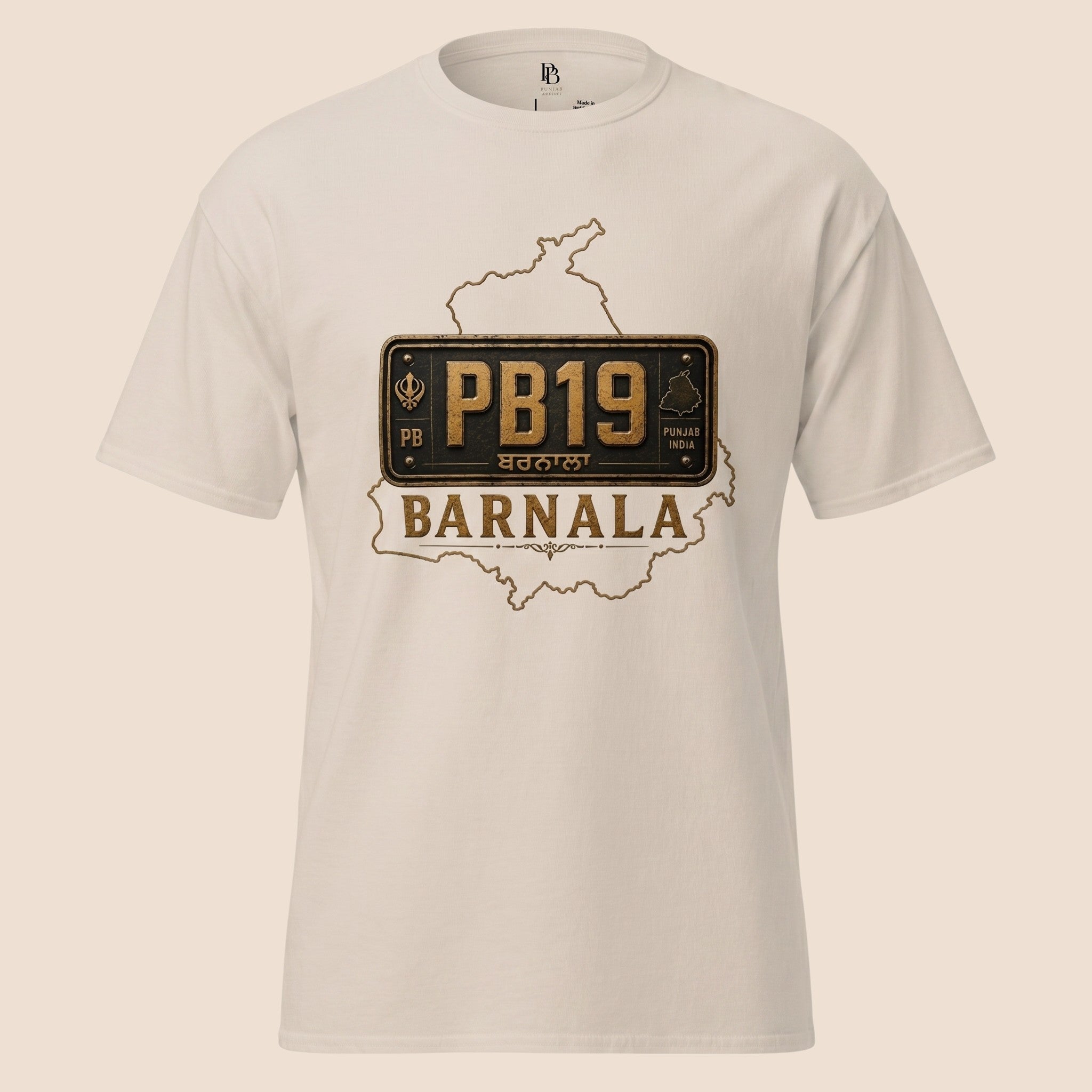 PUNJAB BOLDA cream unisex classic tee featuring a Barnala district license plate graphic and Punjab map outline.