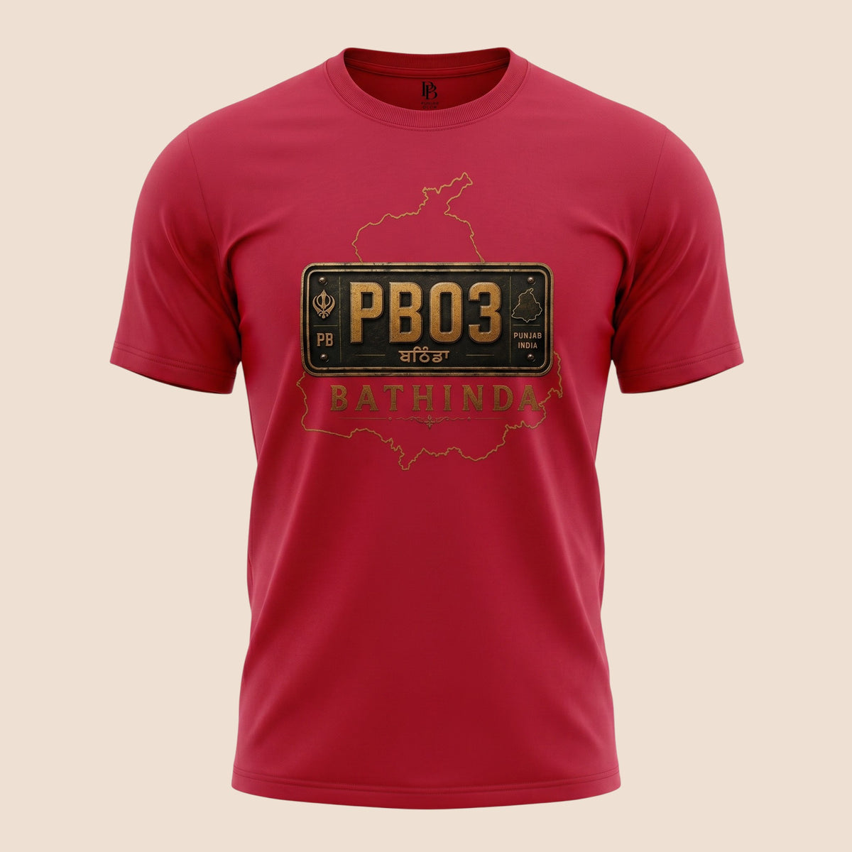 PUNJAB BOLDA red unisex classic tee featuring a vintage PB03 Bathinda license plate graphic and district map outline.
