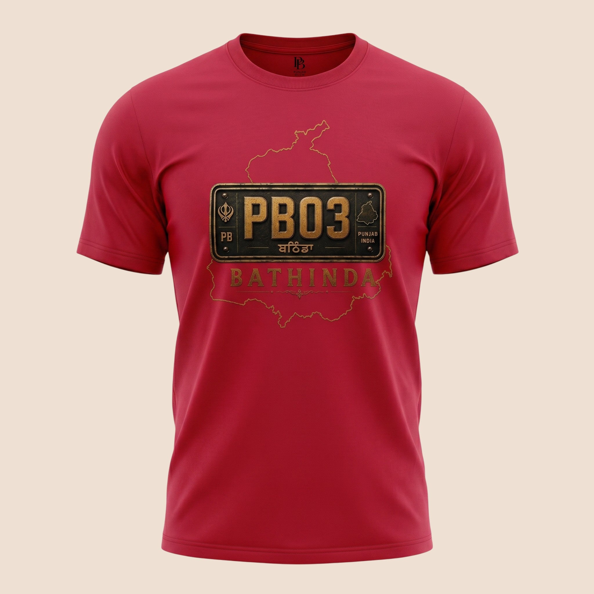PUNJAB BOLDA red unisex classic tee featuring a vintage PB03 Bathinda license plate graphic and district map outline.