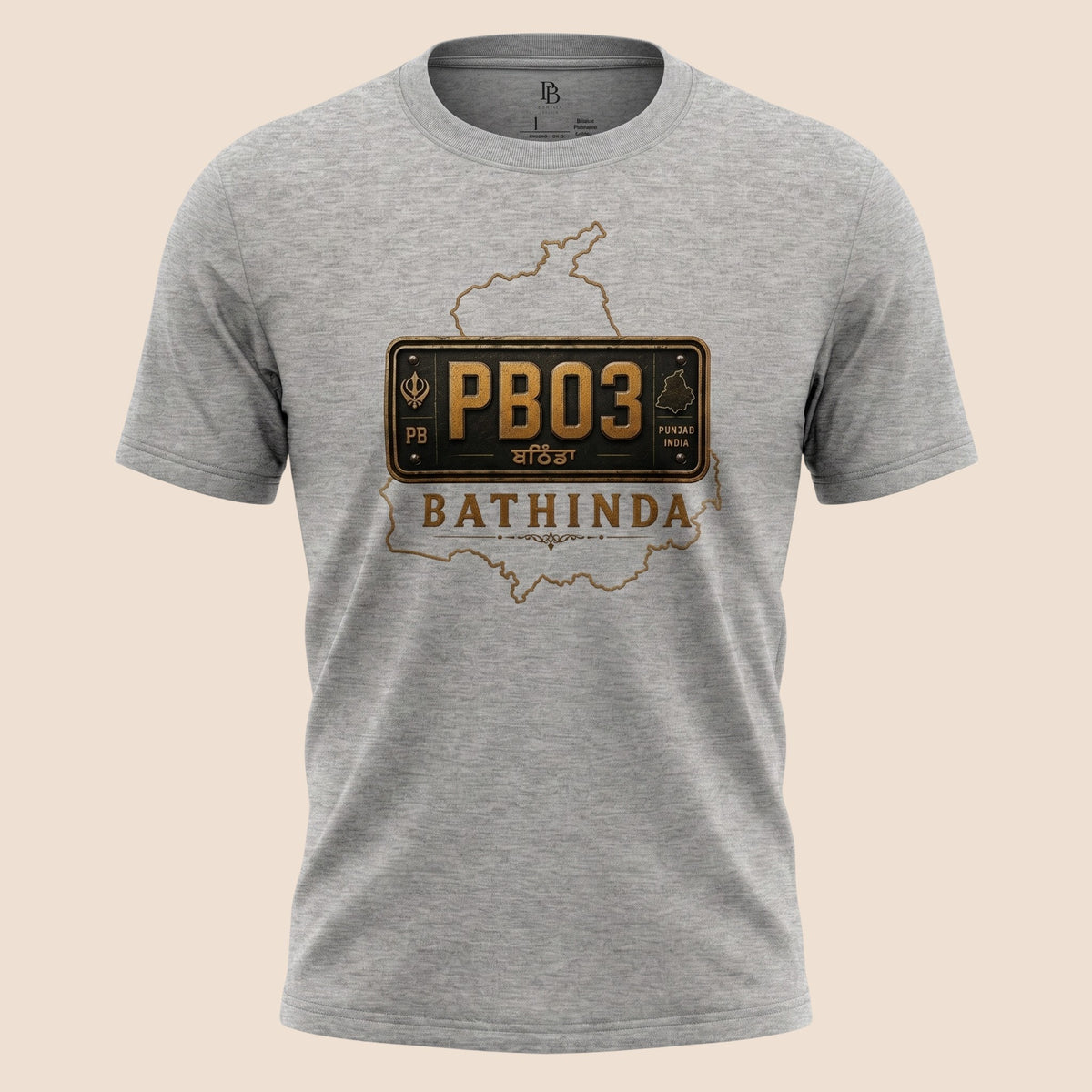 PUNJAB BOLDA grey unisex classic tee featuring a Bathinda district graphic with a vintage license plate design.