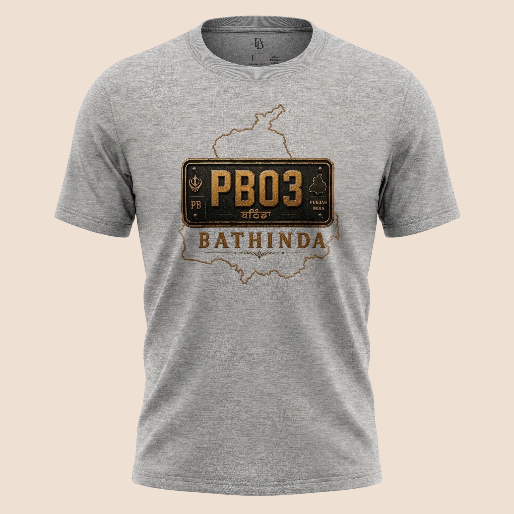 PUNJAB BOLDA grey unisex classic tee featuring a Bathinda district graphic with a vintage license plate design.
