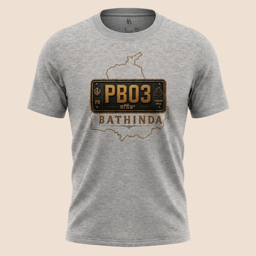 PUNJAB BOLDA grey unisex classic tee featuring a Bathinda district graphic with a vintage license plate design.