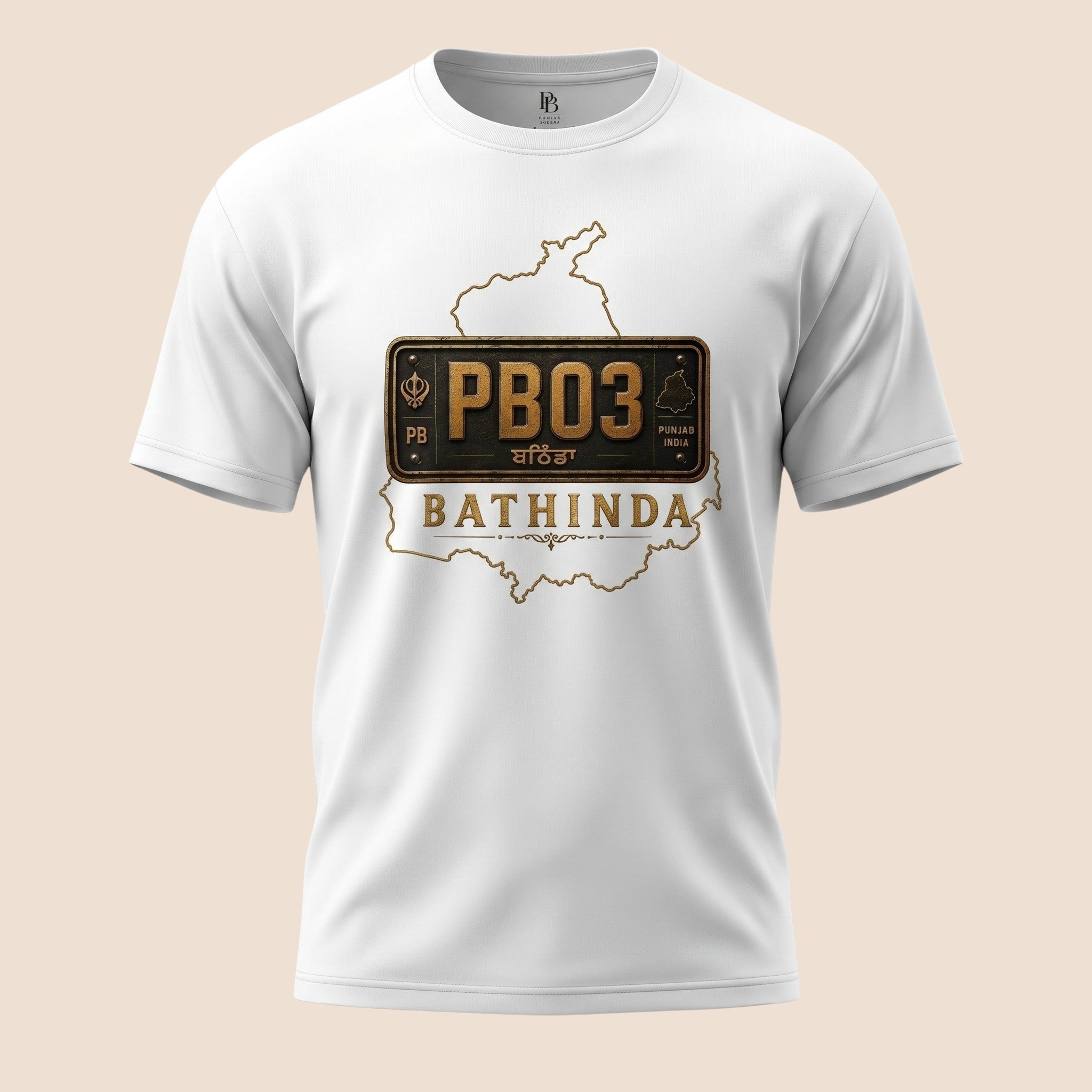 PUNJAB BOLDA white unisex classic tee featuring a Bathinda district graphic with PB03 license plate design.