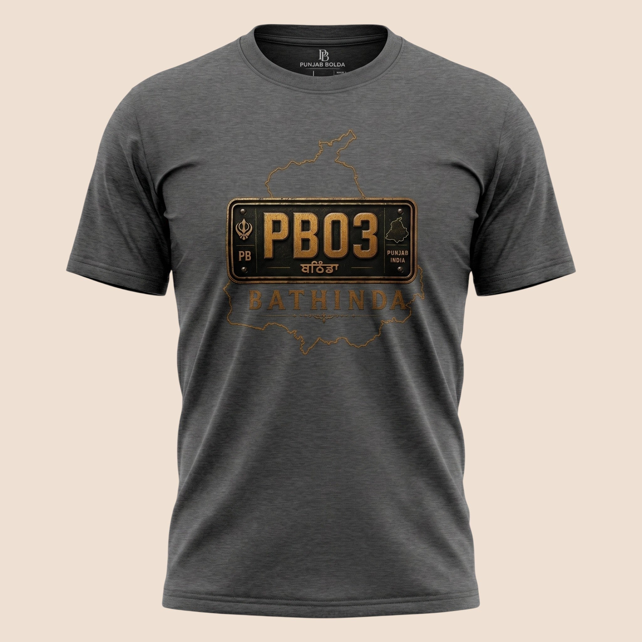 PUNJAB BOLDA charcoal grey unisex classic tee featuring a PB03 Bathinda district license plate graphic design.