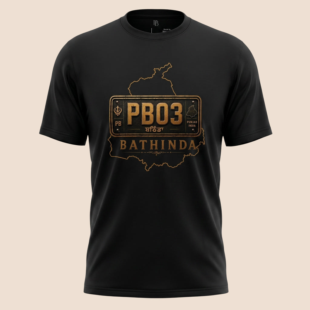 PUNJAB BOLDA black unisex classic tee featuring a gold PB03 Bathinda district license plate graphic design.