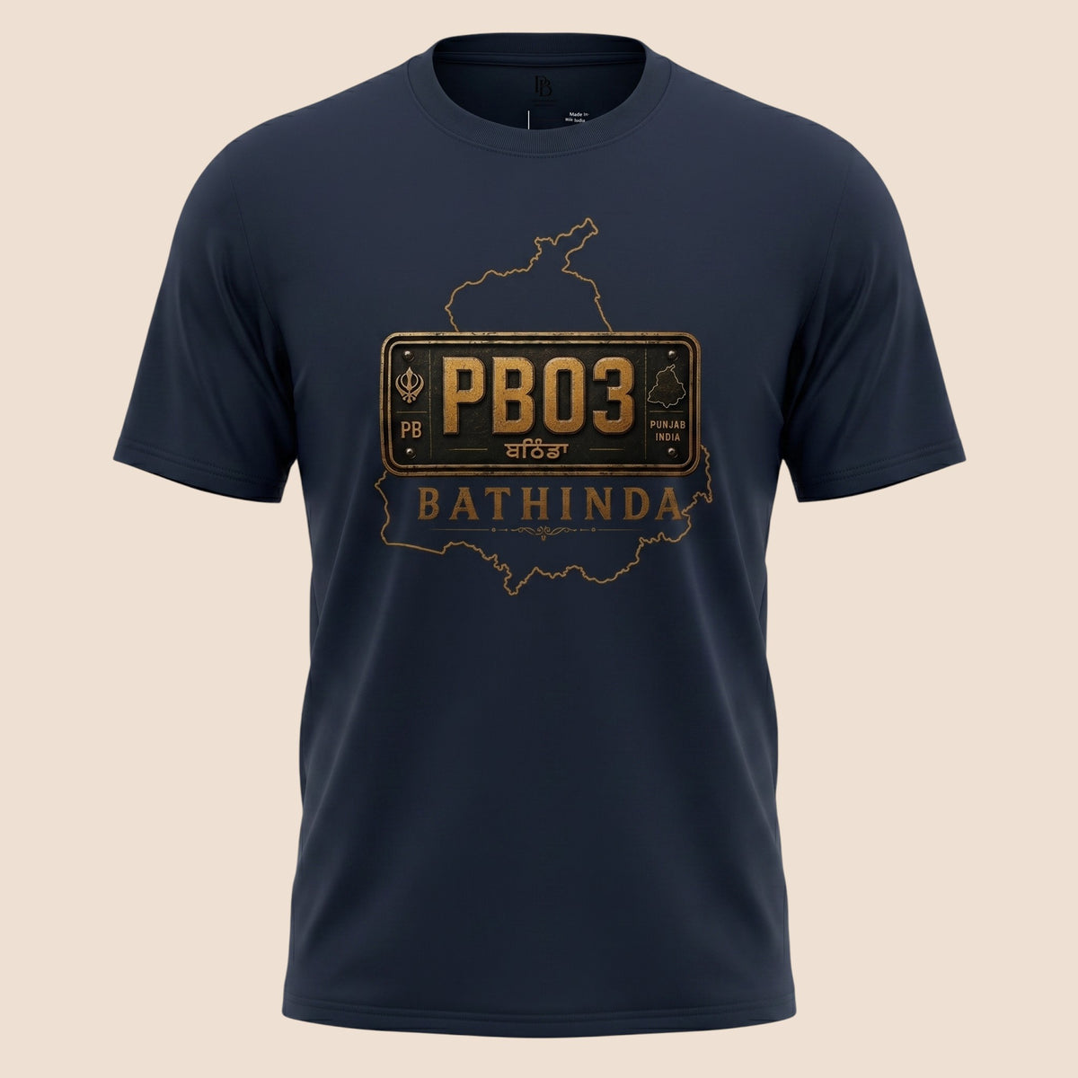 PUNJAB BOLDA navy blue unisex classic tee featuring a vintage PB03 Bathinda license plate graphic and map outline.