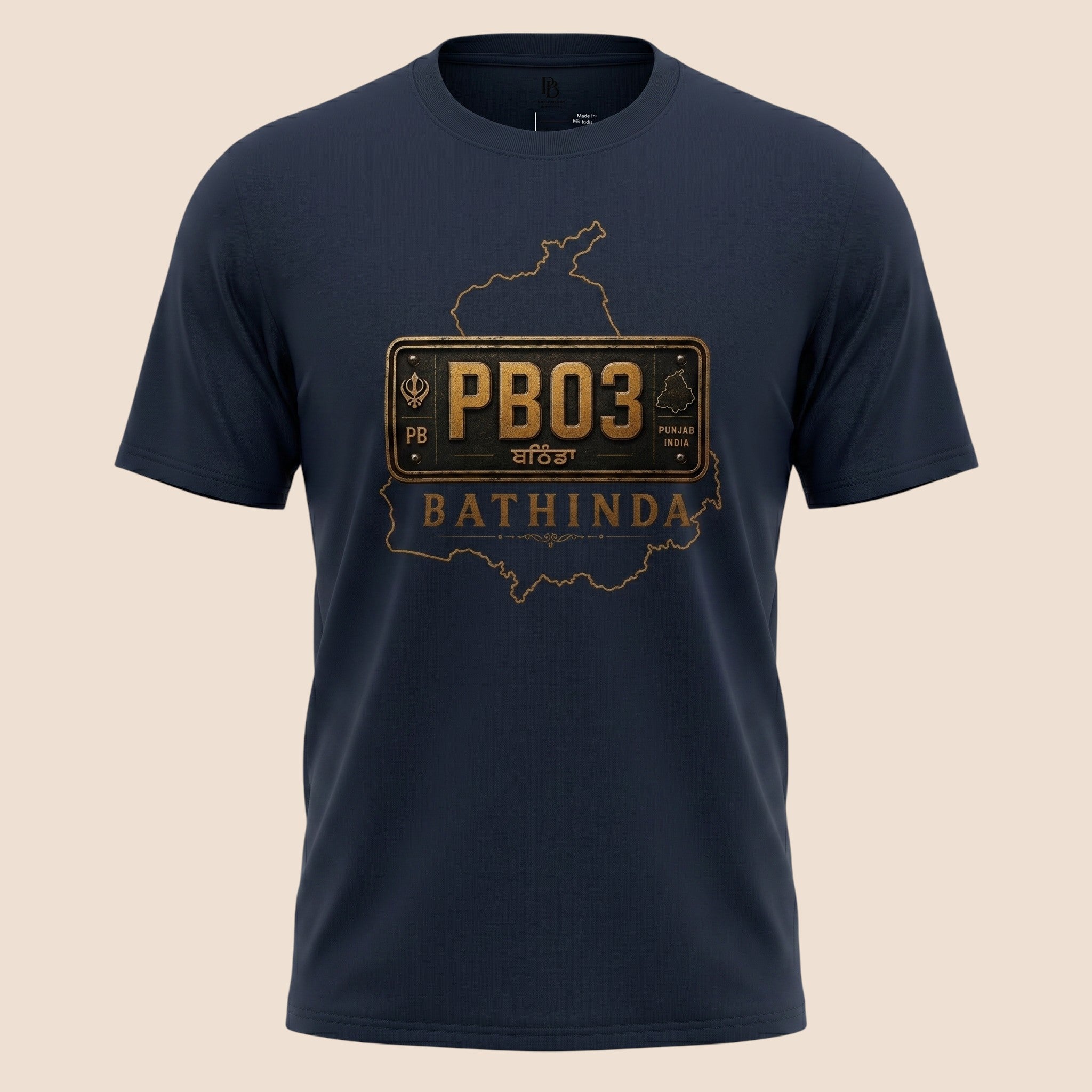 PUNJAB BOLDA navy blue unisex classic tee featuring a vintage PB03 Bathinda license plate graphic and map outline.