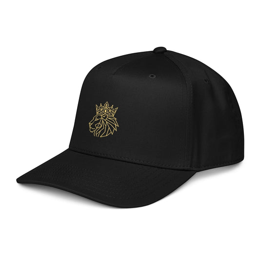 PUNJAB BOLDA black 5 panel cap with gold embroidered crowned lion logo. Polyester-cotton blend with adjustable snap closure.