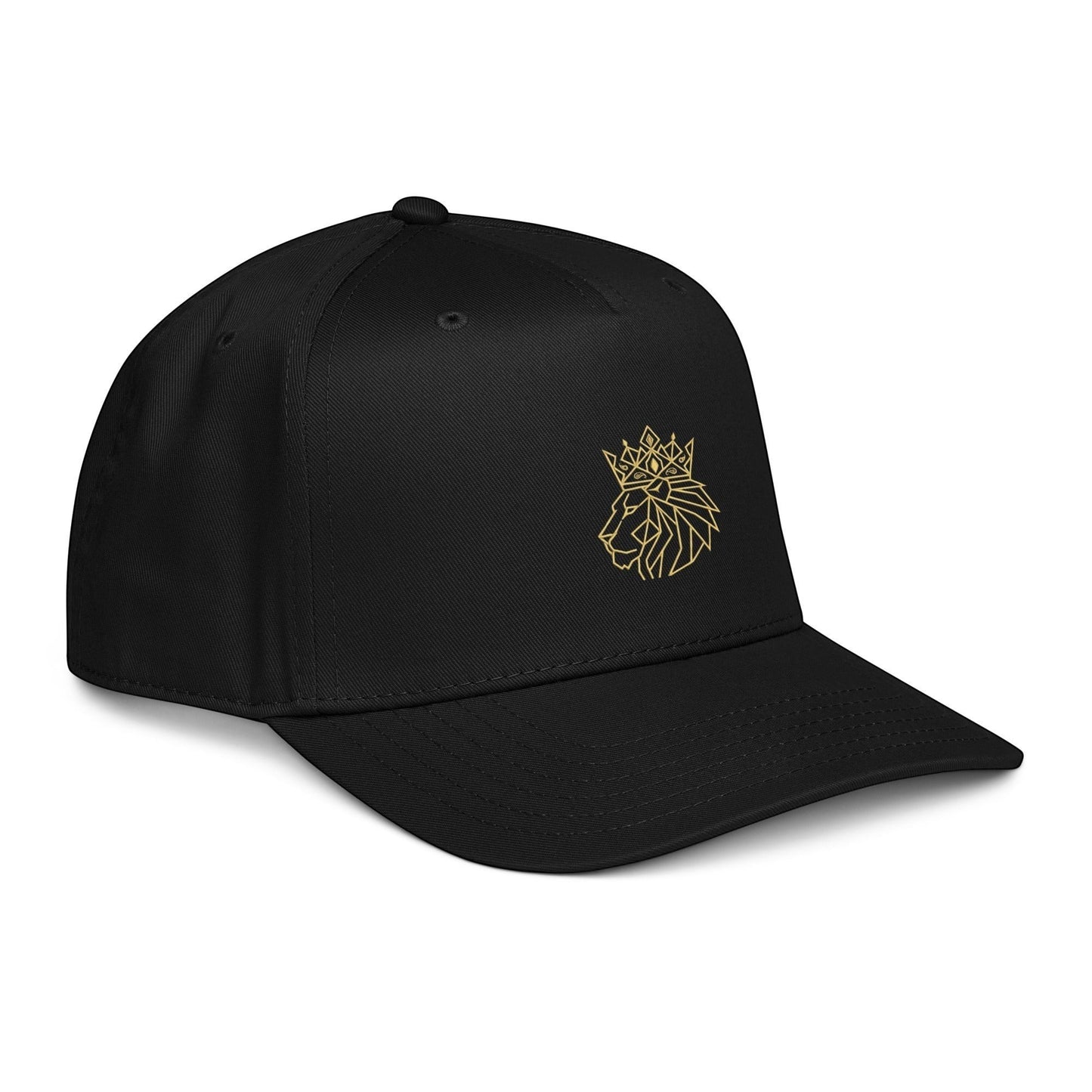 PUNJAB BOLDA black 5 panel cap with gold lion and crown embroidery, adjustable snap closure, and curved visor.