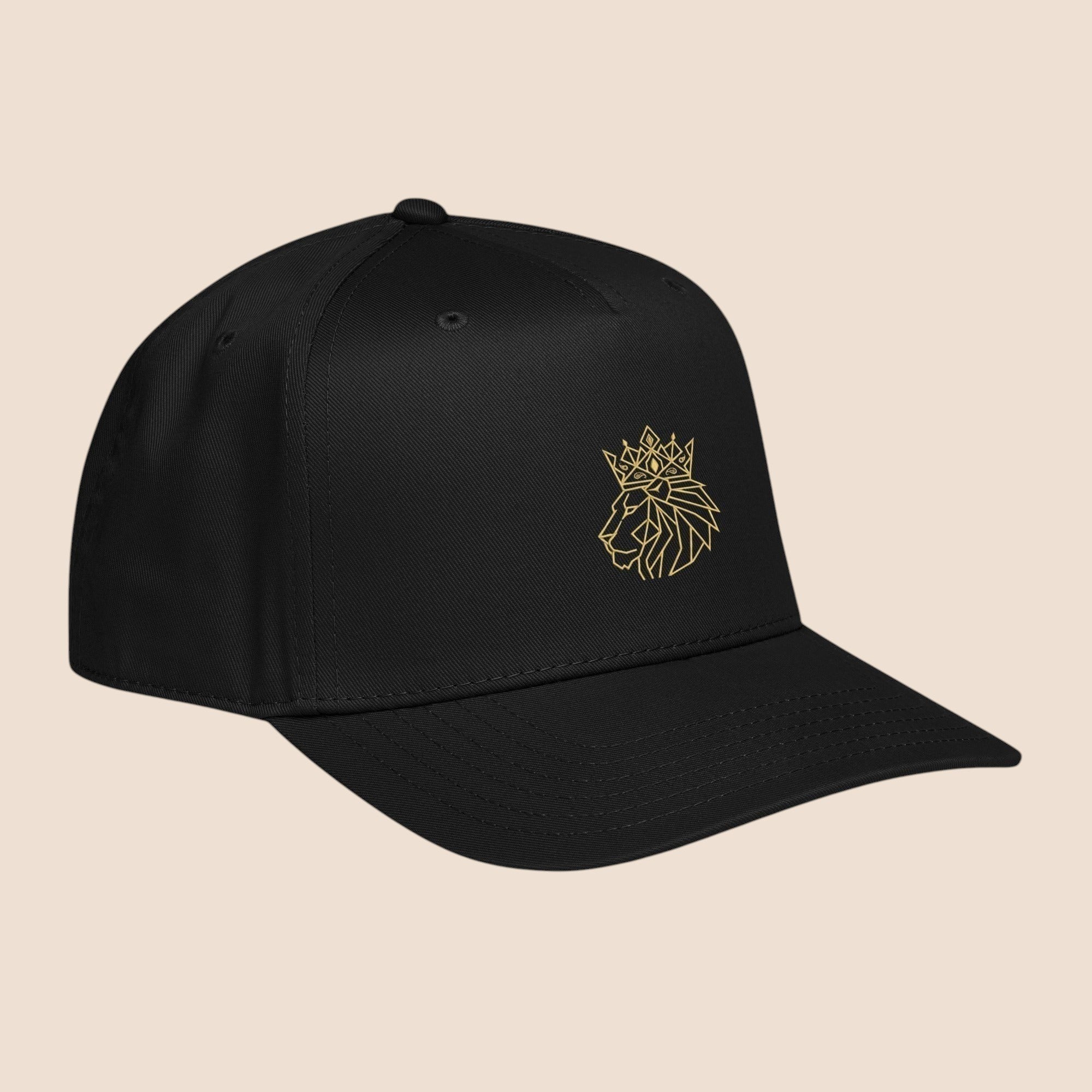 PUNJAB BOLDA black 5 panel cap with gold lion and crown embroidery, adjustable snap closure, and curved visor.