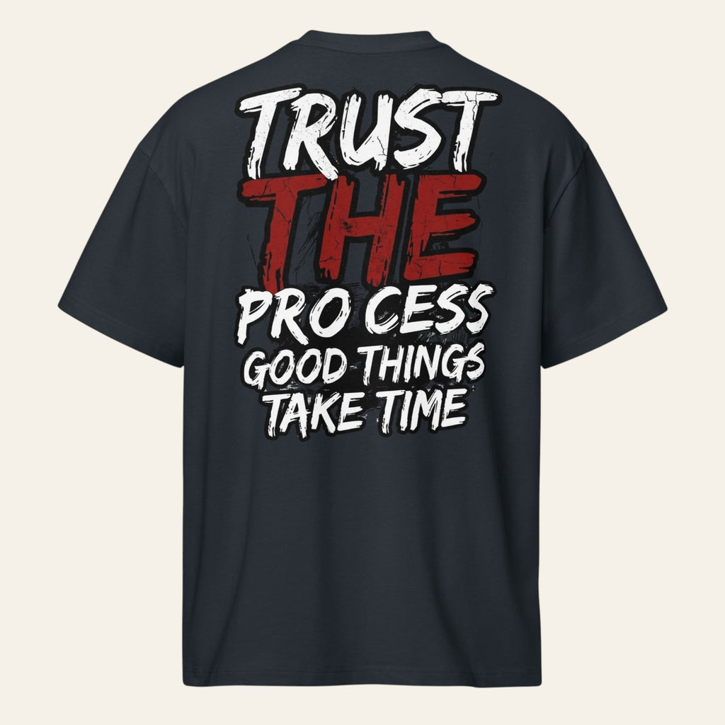 PUNJAB BOLDA black oversized boxy cotton t-shirt with white and red Trust The Process graphic on the back