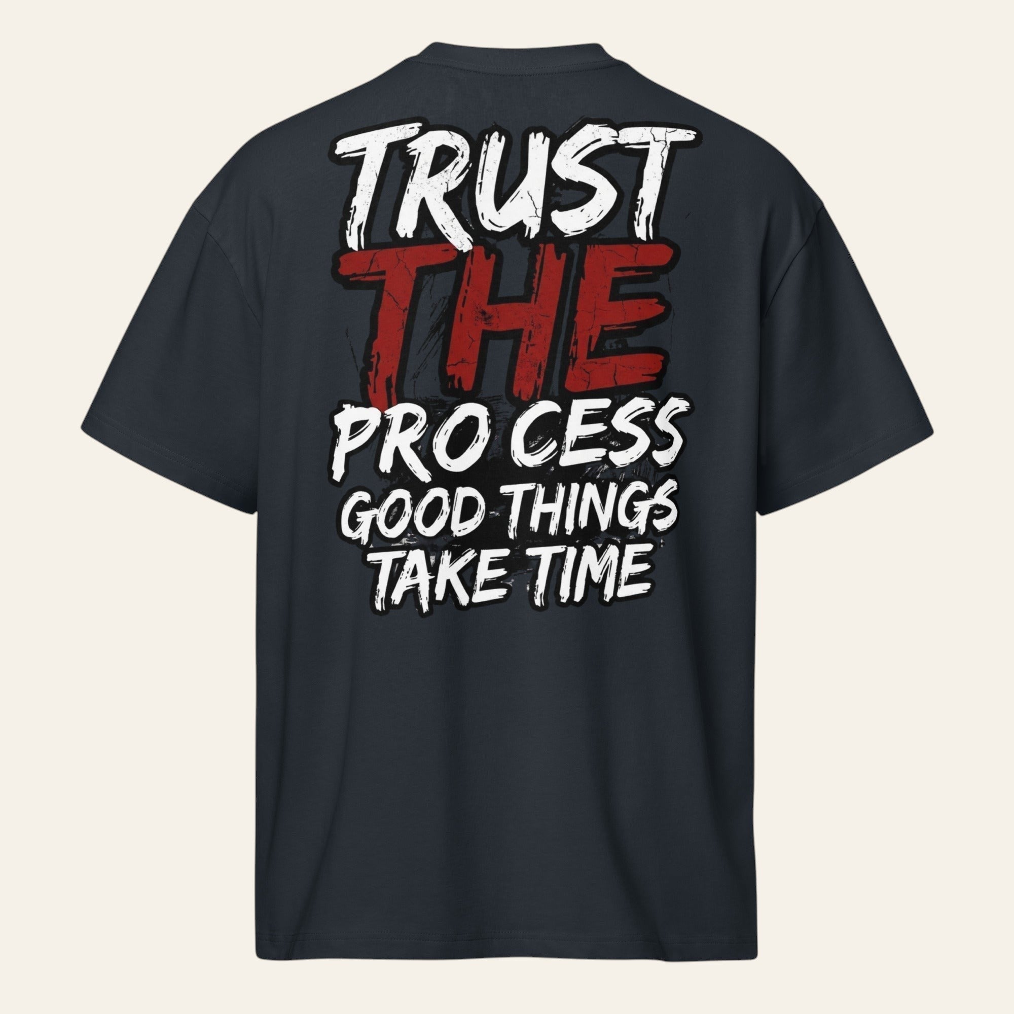 PUNJAB BOLDA black oversized boxy cotton t-shirt with white and red Trust The Process graphic on the back
