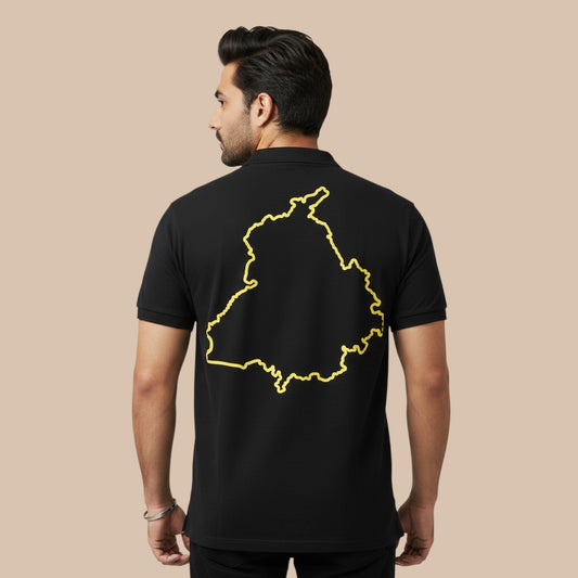 PUNJAB BOLDA black cotton pique polo shirt with yellow Punjab map outline on back. Classic fit with ribbed collar.