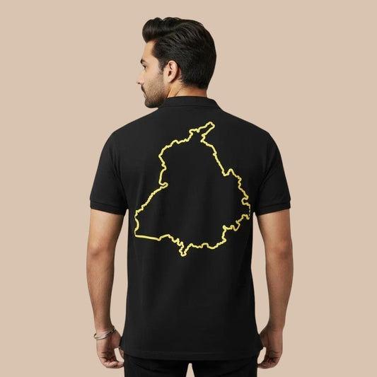 PUNJAB BOLDA black cotton pique polo shirt with yellow Punjab map outline on back. Features ribbed collar & button placket.
