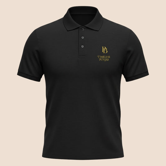PUNJAB BOLDA black cotton polo shirt with ribbed collar, 3-button placket, and gold Timeless Punjab logo embroidery.