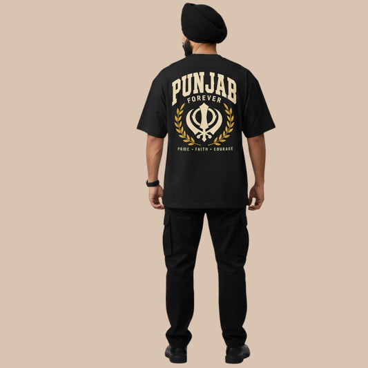 PUNJAB BOLDA black oversized t-shirt with "PUNJAB FOREVER" graphic and Sikh Khanda symbol. 100% organic cotton.