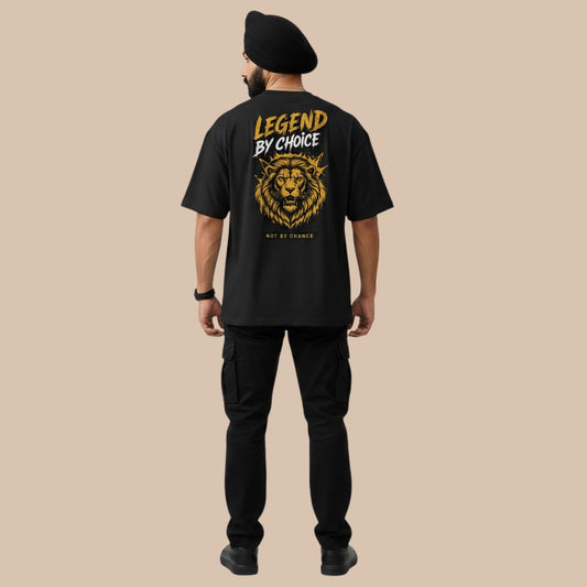 PUNJAB BOLDA black oversized t-shirt with dropped shoulders and a graphic of a lion with text LEGEND BY CHOICE.