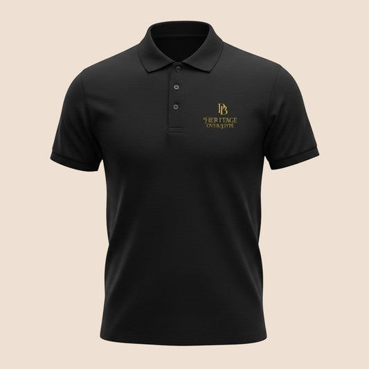 PUNJAB BOLDA black premium pique cotton polo shirt with gold HERITAGE OVER HYPE logo and 3-button placket.
