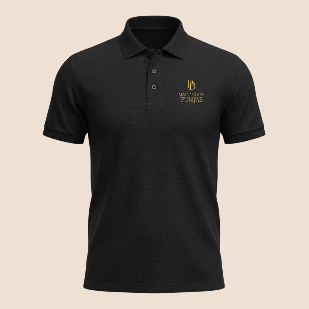 PUNJAB BOLDA black premium pique polo shirt with Main hoon punjab gold embroidery and 3-button placket.