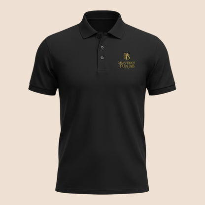 PUNJAB BOLDA black premium pique polo shirt with Main hoon punjab gold embroidery and 3-button placket.