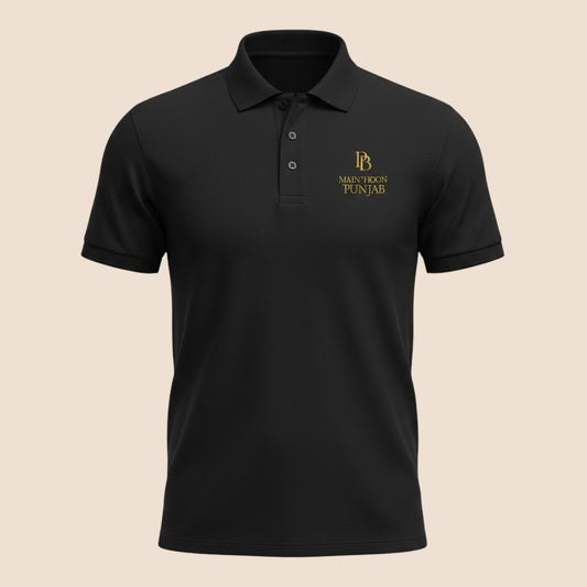 PUNJAB BOLDA black premium pique polo shirt with Main hoon punjab gold embroidery and 3-button placket.