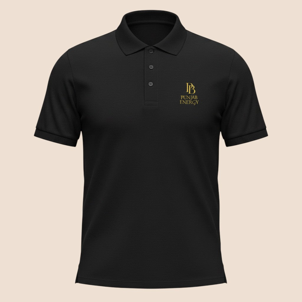 PUNJAB BOLDA black pique cotton polo shirt with gold Punjab Energy logo embroidery and 3-button placket.