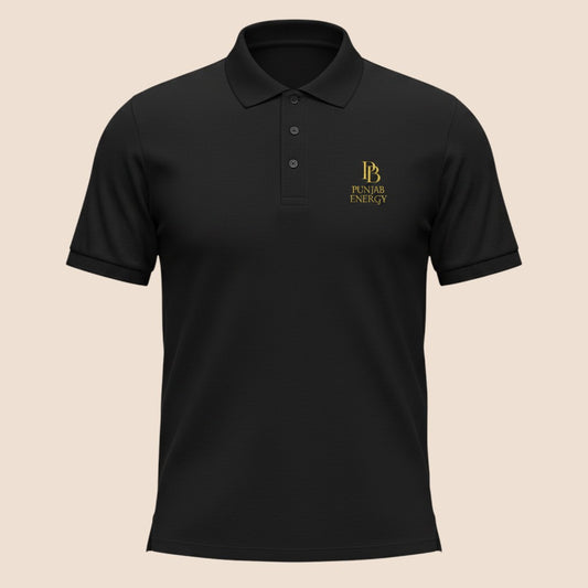 PUNJAB BOLDA black pique cotton polo shirt with gold Punjab Energy logo embroidery and 3-button placket.