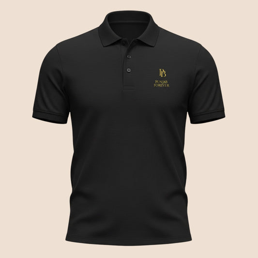 PUNJAB BOLDA black premium pique cotton polo shirt featuring a gold PUNJAB FOREVER logo and 3-button placket.