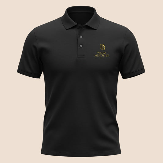 PUNJAB BOLDA black premium pique polo shirt with gold Punjab Mentality logo embroidery and 3-button placket.
