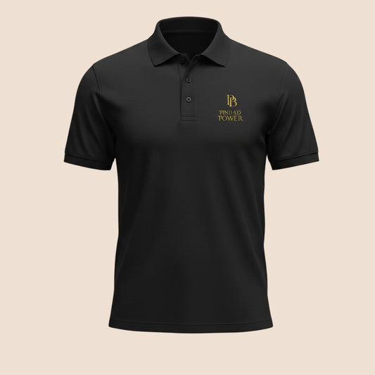 PUNJAB BOLDA black premium pique cotton polo shirt with gold PIND TO POWER logo embroidery and 3-button placket.