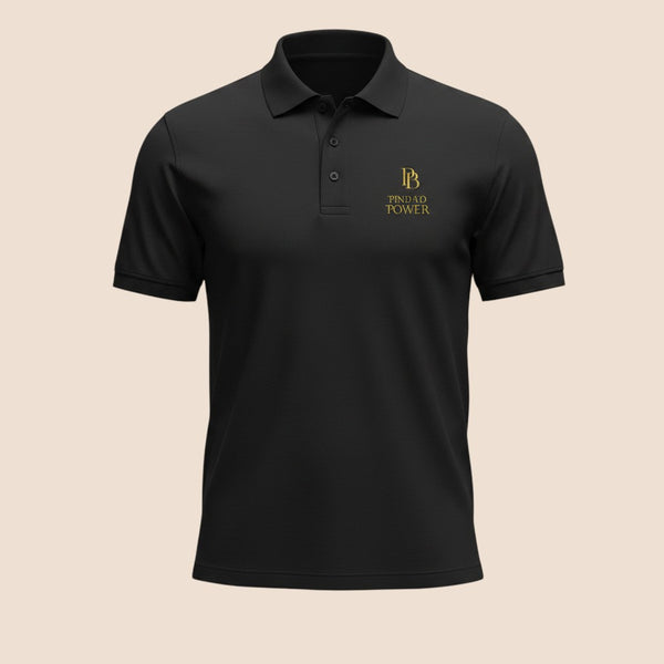PUNJAB BOLDA black premium pique cotton polo shirt with gold PIND TO POWER logo embroidery and 3-button placket.