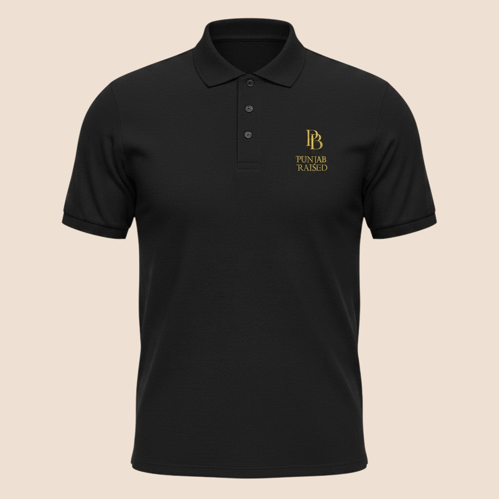 PUNJAB BOLDA black premium pique polo shirt with gold embroidered logo and 3-button placket.