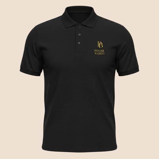 PUNJAB BOLDA black premium pique polo shirt with gold embroidered logo and 3-button placket.