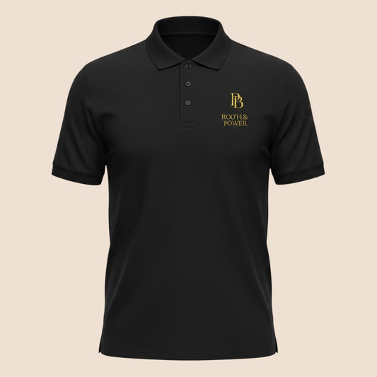 PUNJAB BOLDA black premium pique polo shirt with gold ROOH TO POWER logo, ribbed collar, and 3-button placket.
