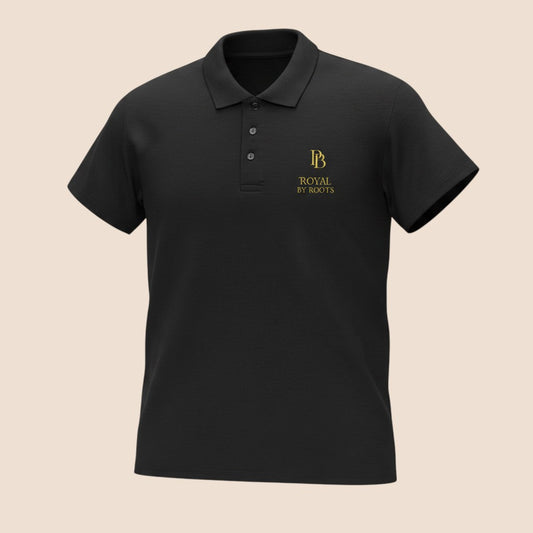 PUNJAB BOLDA black premium pique cotton polo shirt with ROYAL BY ROOTS gold embroidery and 3-button placket.