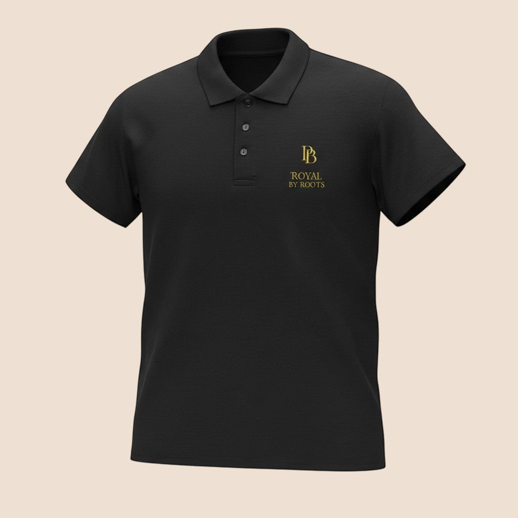 PUNJAB BOLDA black premium pique cotton polo shirt with ROYAL BY ROOTS gold embroidery and 3-button placket.
