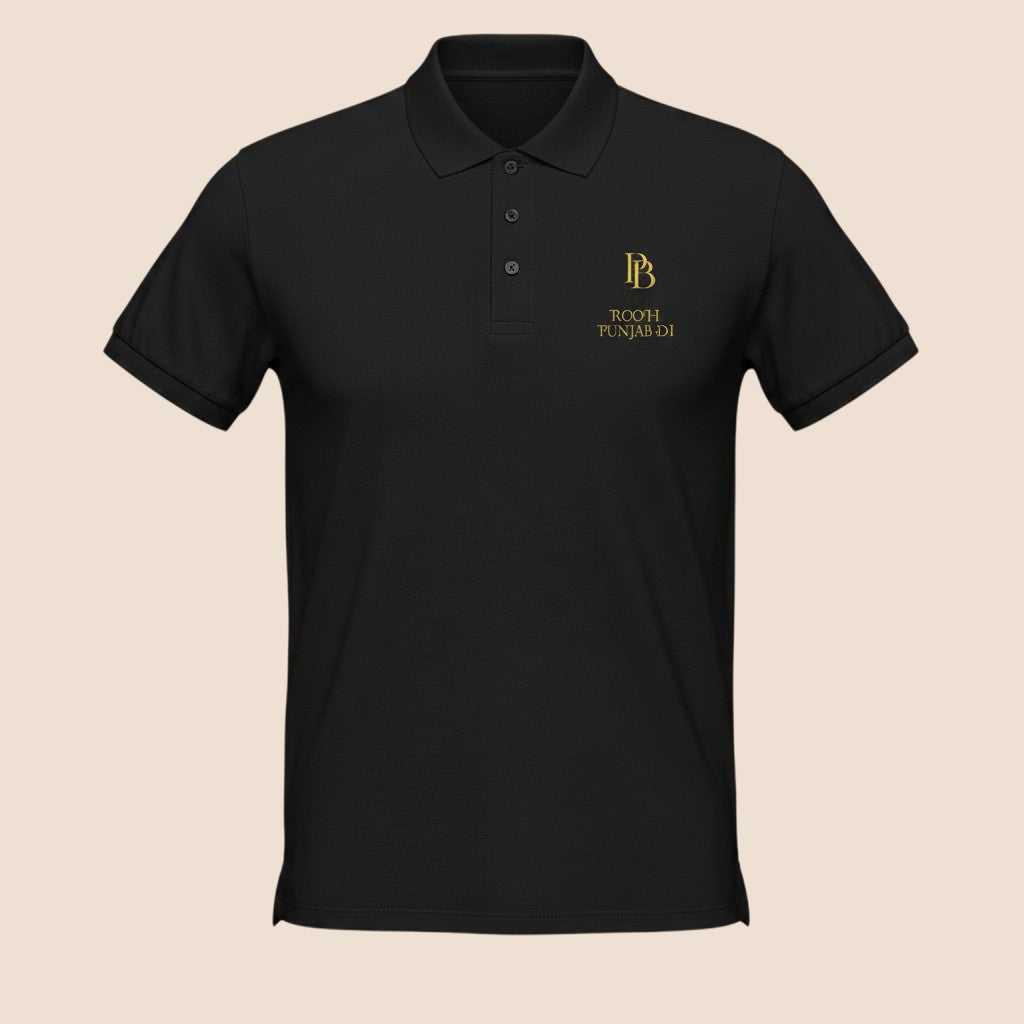 PUNJAB BOLDA black pique cotton polo shirt with ROOH PUNJAB DI gold embroidery and three-button placket.