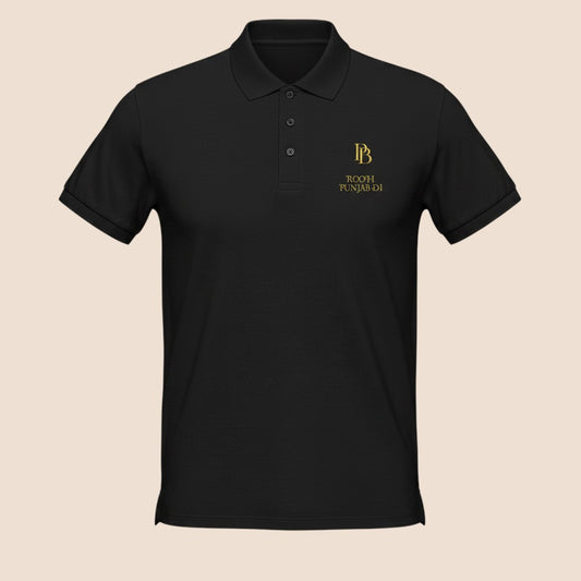 PUNJAB BOLDA black pique cotton polo shirt with ROOH PUNJAB DI gold embroidery and three-button placket.