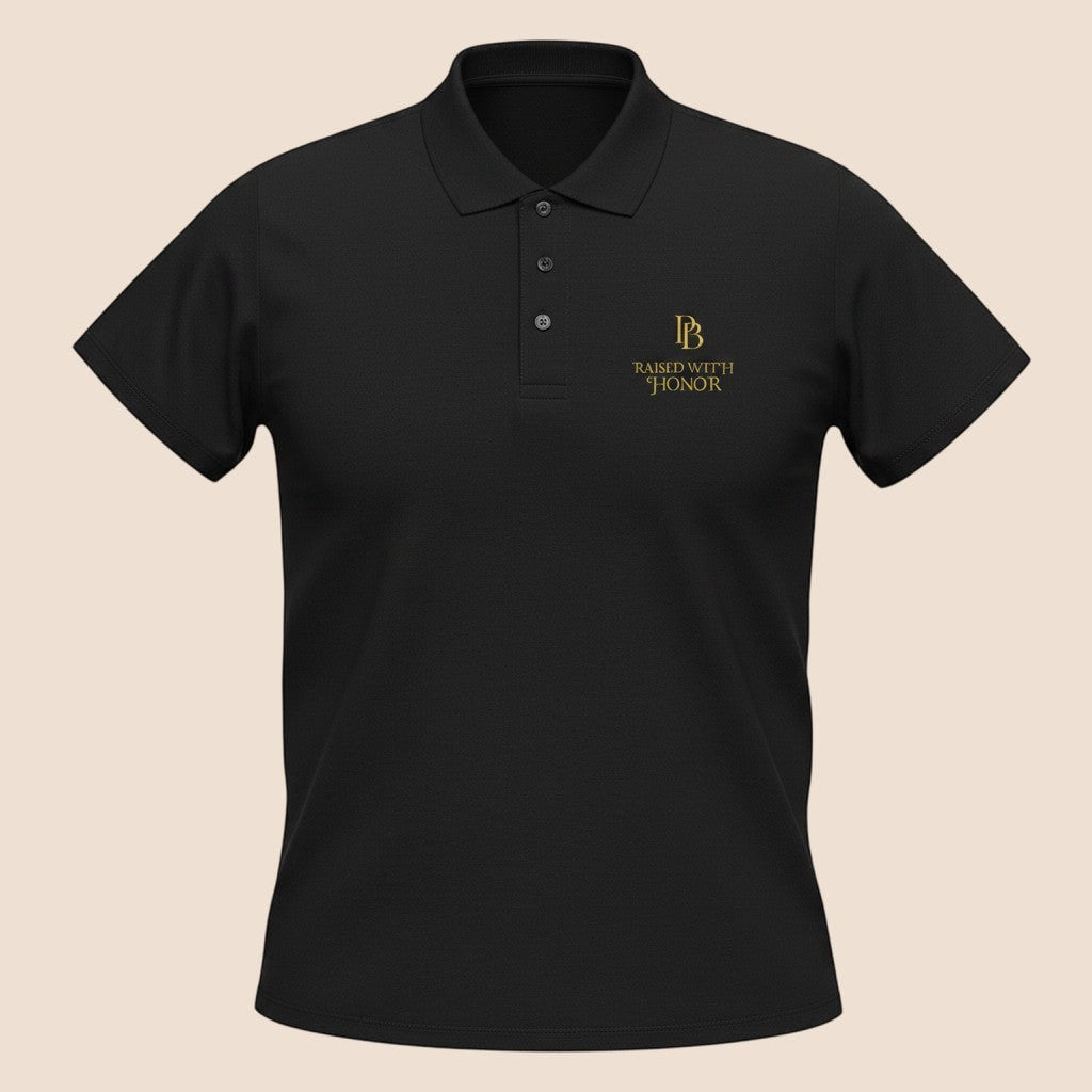 PUNJAB BOLDA black pique cotton polo shirt with RAISED WITH HONOR gold embroidery and a three-button placket.