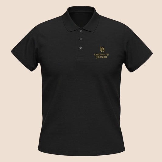 PUNJAB BOLDA black pique cotton polo shirt with RAISED WITH HONOR gold embroidery and a three-button placket.