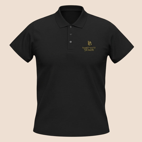 PUNJAB BOLDA black pique cotton polo shirt with RAISED WITH HONOR gold embroidery and a three-button placket.