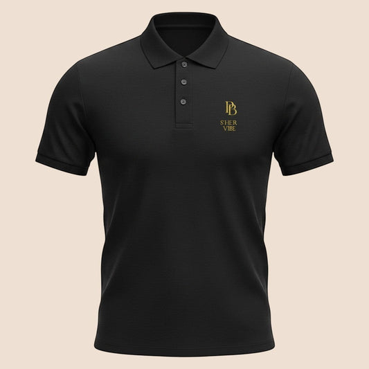 PUNJAB BOLDA black pique polo shirt with gold logo embroidery, ribbed collar, and 3-button placket.