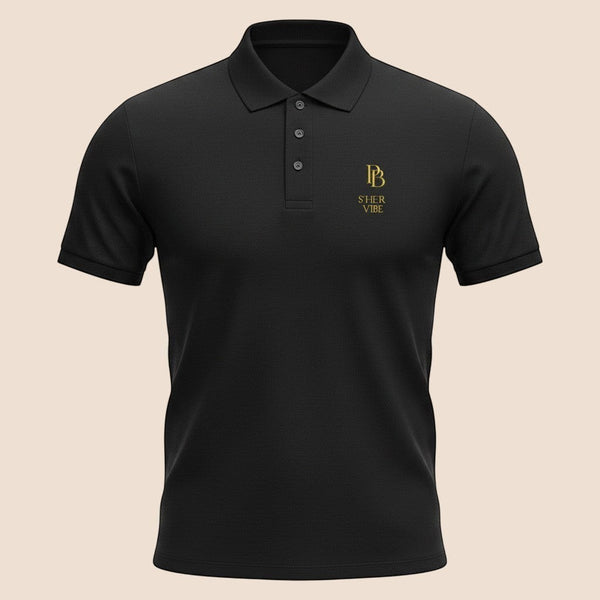 PUNJAB BOLDA black pique polo shirt with gold logo embroidery, ribbed collar, and 3-button placket.