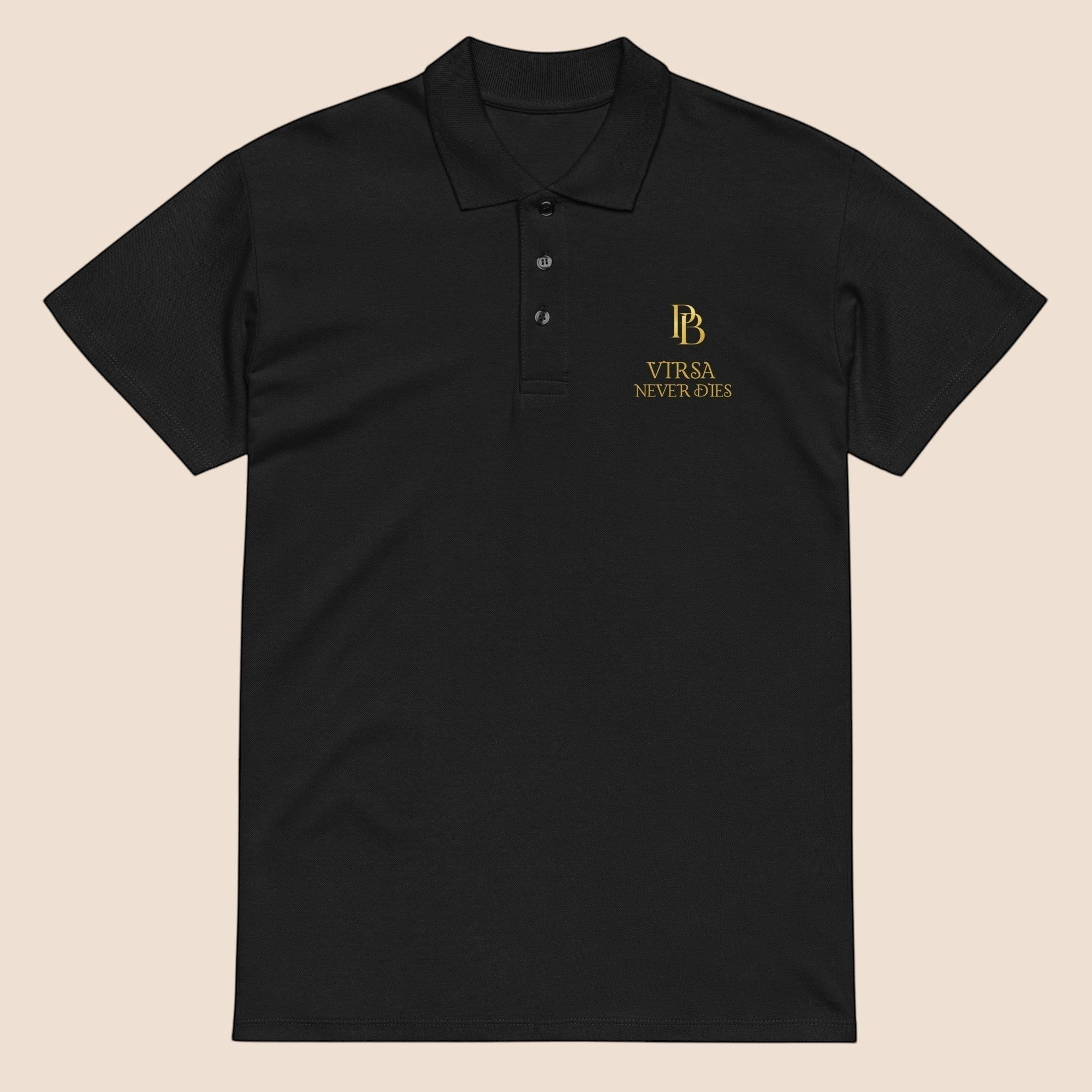 PUNJAB BOLDA black pique polo shirt with gold VIRSA NEVER DIES embroidery, ribbed collar, and 3-button placket.