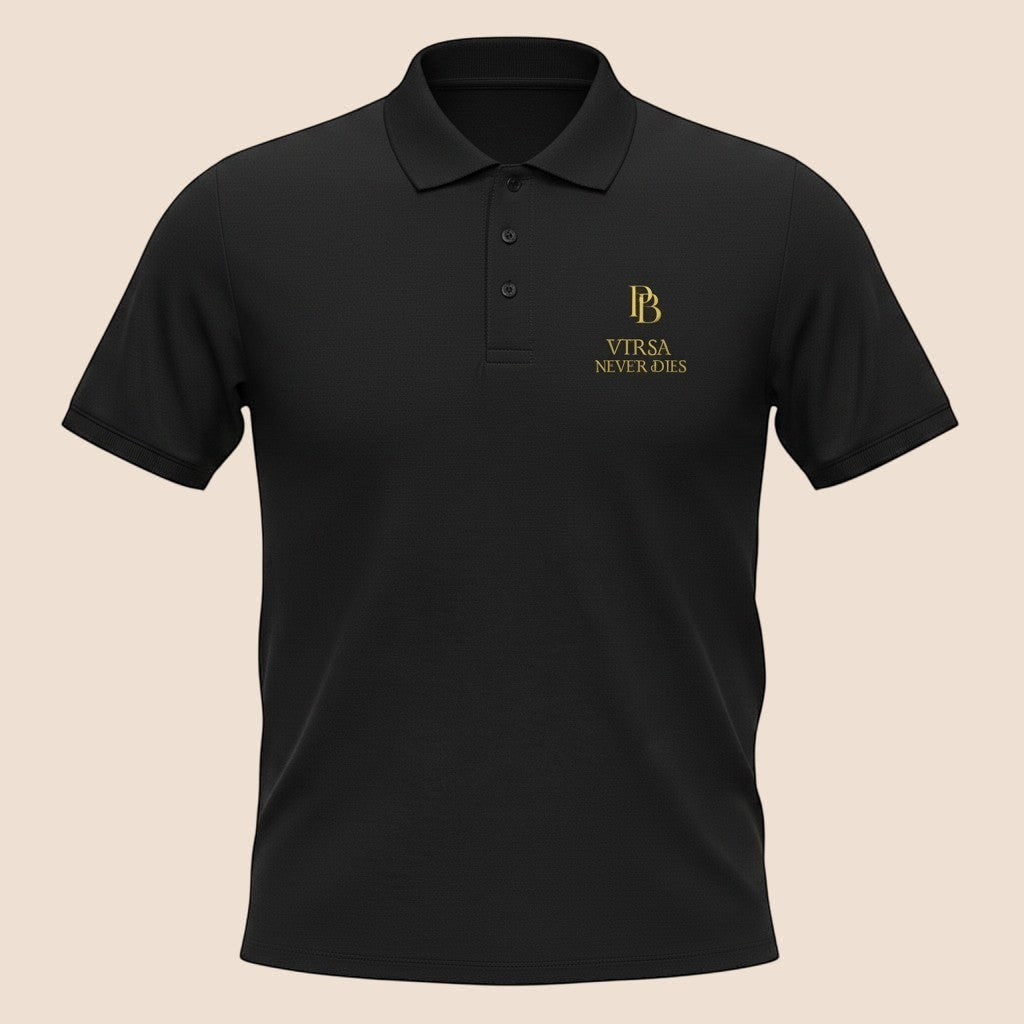 PUNJAB BOLDA black pique cotton polo shirt with gold VIRSA NEVER DIES embroidery and a 3-button placket.