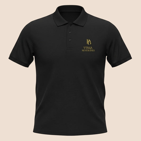 PUNJAB BOLDA black pique cotton polo shirt with gold VIRSA NEVER DIES embroidery and a 3-button placket.